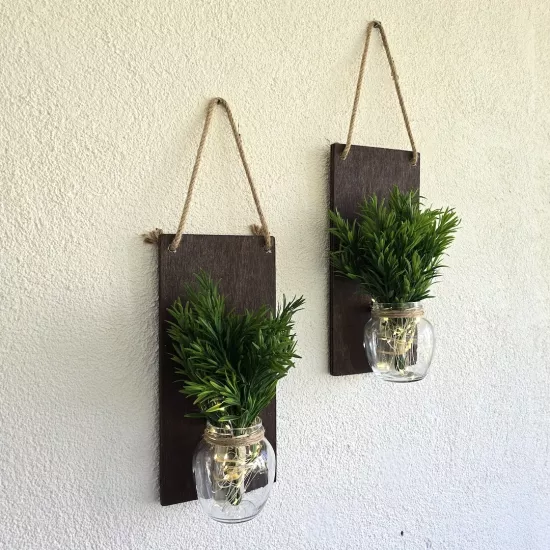 Led Işıklı, Yeşil Bitki Çiçekli Duvar Dekoru İkili Set
