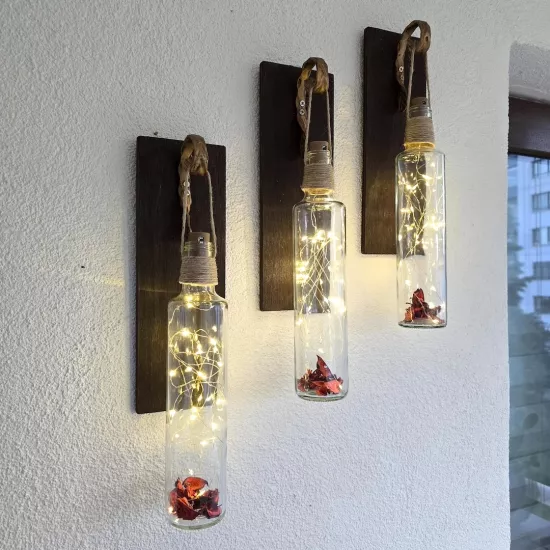 Led Işıklı, Ceviz Renkli Duvar Aplik, Üçlü Set