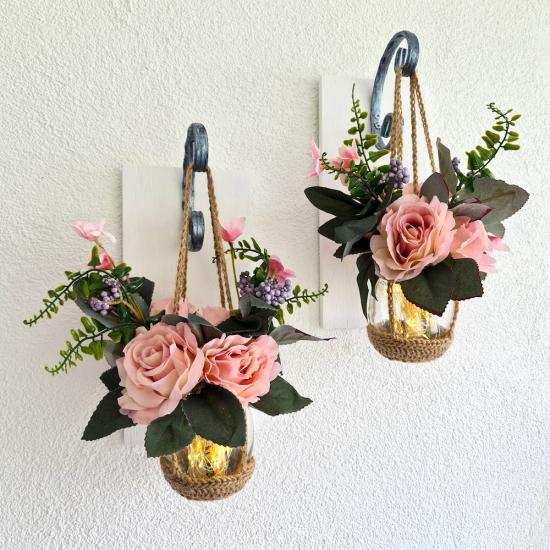 Pudra Pembe Gül Çiçekli, Led Işıklı, Beyaz Aplik, 2 li Set