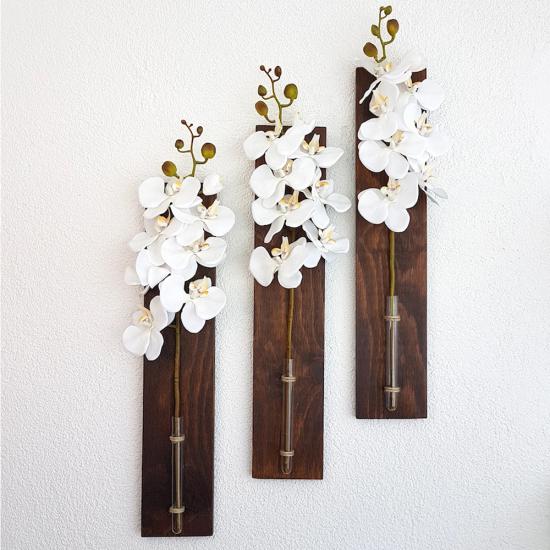 Beyaz Orkide Çiçekli, Ceviz Renkli Duvar Dekoru 3 lü Set