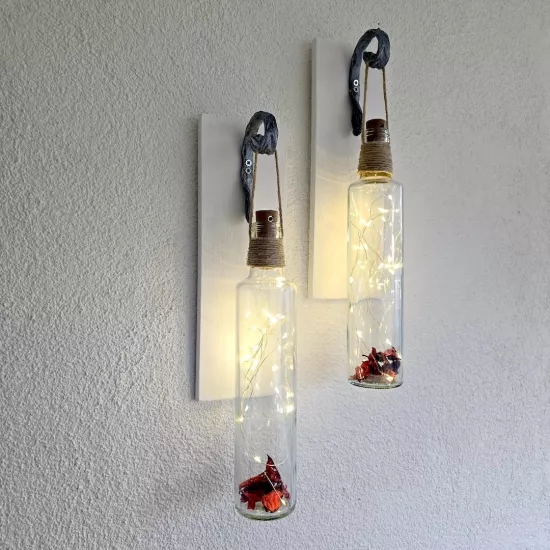 Dekoratif Led Işıklı, Şişe Model, Beyaz Duvar Dekor, İkili Set