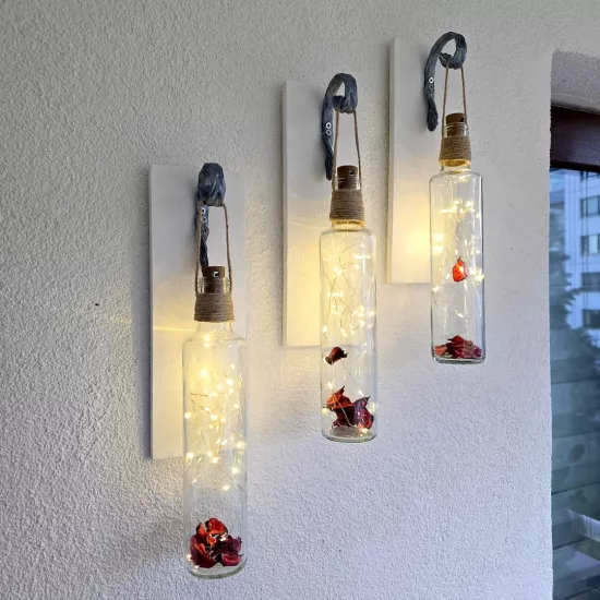 Dekoratif Led Işıklı, Şişe Model, Beyaz Duvar Dekor, Üçlü Set