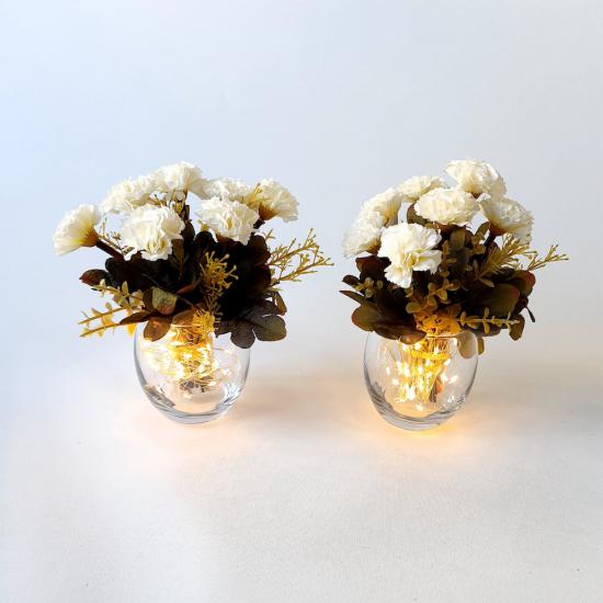 Cam Vazo Led Işıklı Beyaz Karanfil Yapay Çiçekli İkili Set