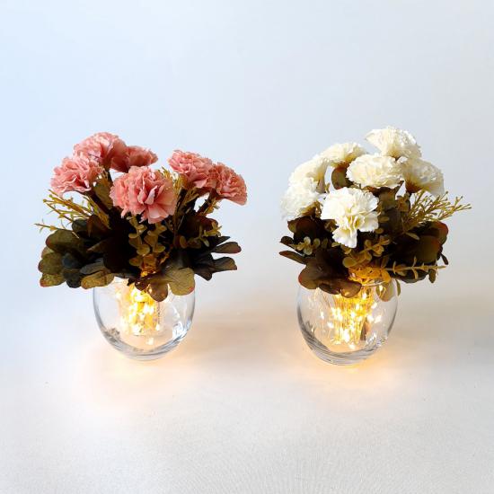Cam Vazo Led ışıklı Beyaz ve Pembe Karanfil Yapay Çiçekli İkili Set