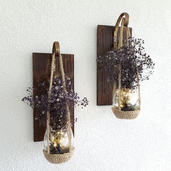 Duvar Dekoru, Led Işıklı, Mor Cipso Çiçekli Aplik, Ceviz İkili Set