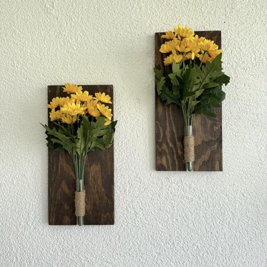 Sarı Papatya Çiçekli Duvar Dekoru Ceviz İkili Set