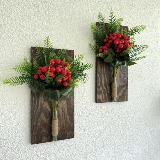 Kırmızı Kokina Çiçekli Duvar Dekoru Ceviz İkili Set