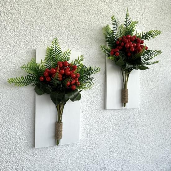 Kırmızı Kokina Çiçekli Duvar Dekoru Beyaz İkili Set