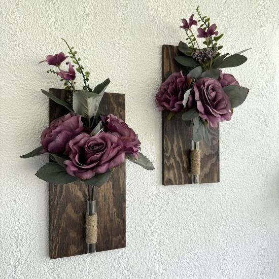 Mor Gül Çiçekli Duvar Dekoru Ceviz İkili Set