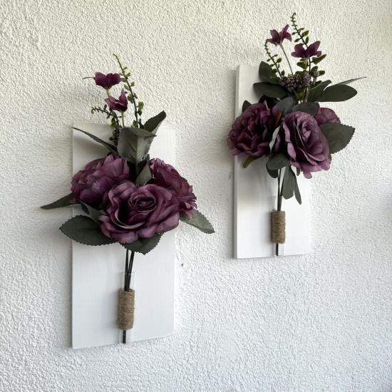 Mor Gül Çiçekli Duvar Dekoru Beyaz İkili Set