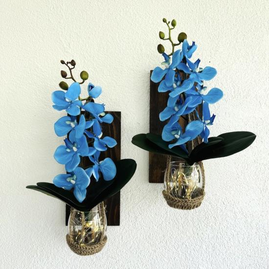 Duvar Dekoru, Led Işıklı, Mavi Orkide Çiçekli, Ceviz Aplik İkili Set