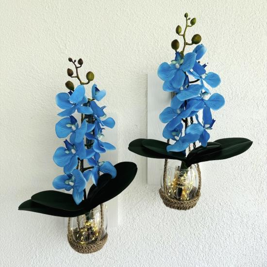 Duvar Dekoru, Led Işıklı, Mavi Orkide Çiçekli, Beyaz Aplik İkili Set