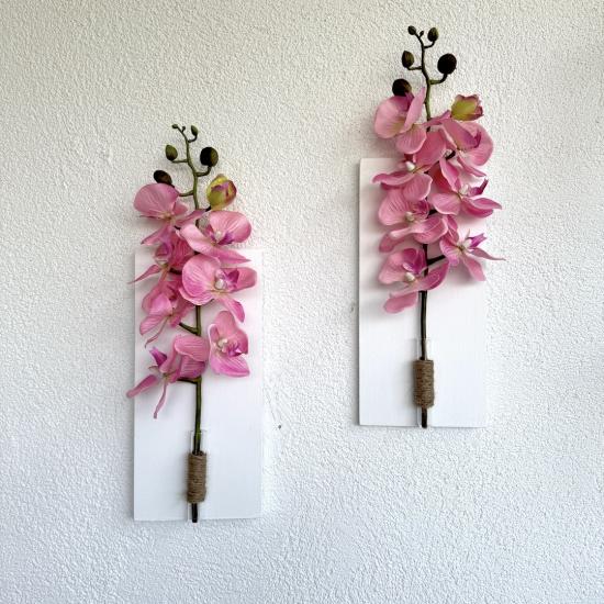 Pembe Orkide Çiçekli Duvar Dekoru Beyaz İkili Set