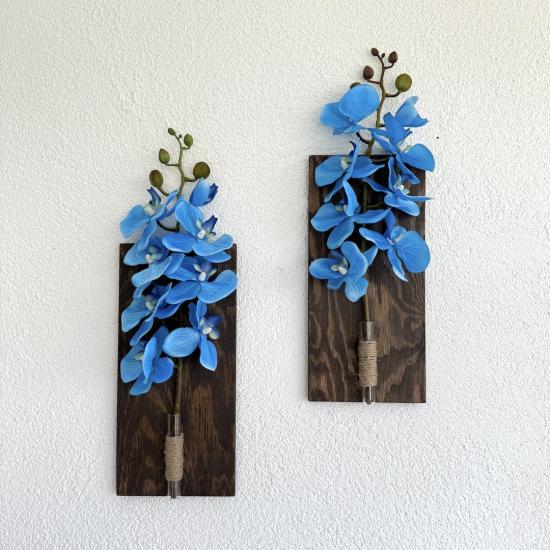 Mavi Orkide Çiçekli Duvar Dekoru Ceviz İkili Set