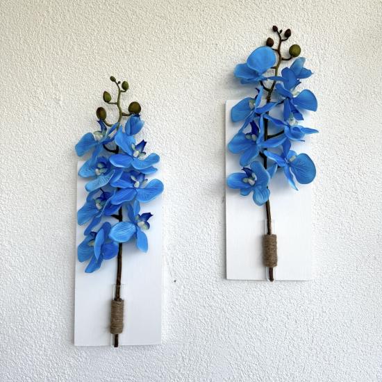 Mavi Orkide Çiçekli Duvar Dekoru Beyaz İkili Set