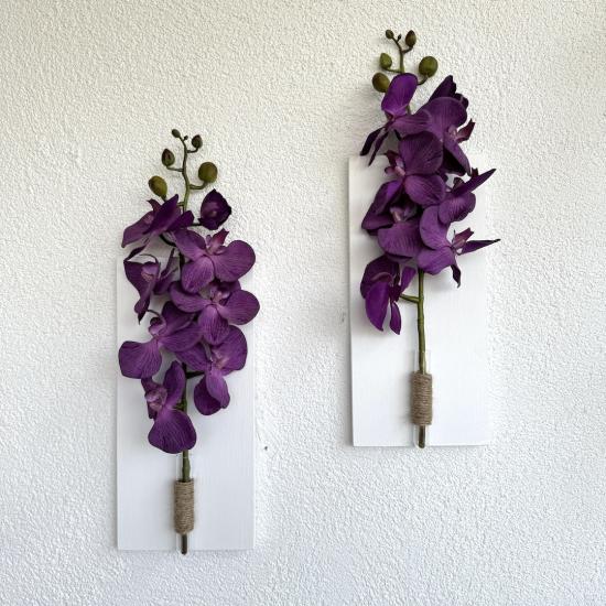 Mor Orkide Çiçekli Duvar Dekoru Beyaz İkili Set