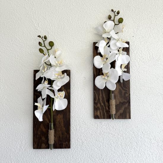 Beyaz Orkide Çiçekli Duvar Dekoru Ceviz İkili Set