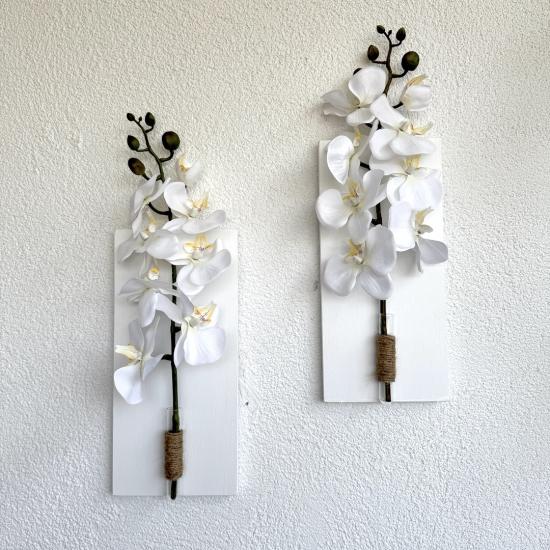 Beyaz Orkide Çiçekli Duvar Dekoru Beyaz İkili Set