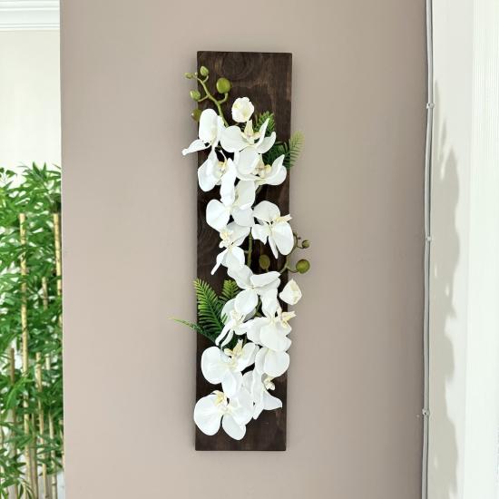 Beyaz Orkide Çiçekli Ceviz Duvar Dekoru