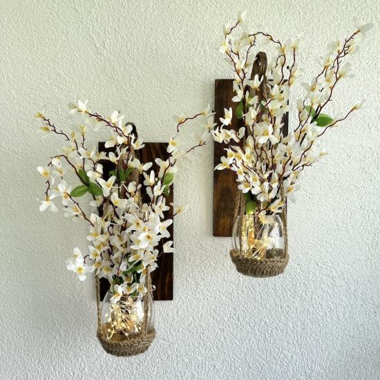 Duvar Dekoru, Led Işıklı, Beyaz Sakura Çiçekli