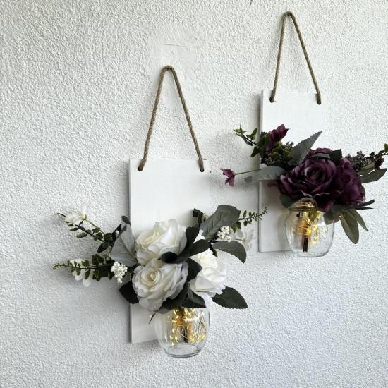 Led Işıklı, Mor ve Beyaz Gül Çiçekli Duvar Dekoru