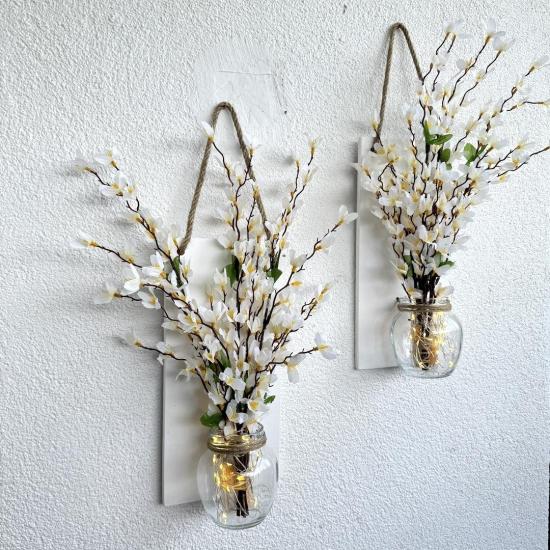 Led Işıklı, Beyaz Sakura Çiçekli Duvar Dekoru