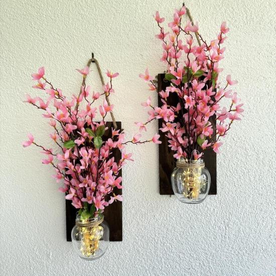 Led Işıklı, Pembe Sakura Çiçek Duvar Dekoru Ceviz