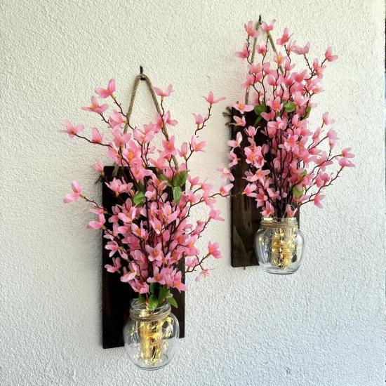 Led Işıklı, Pembe Sakura Çiçek Duvar Dekoru Ceviz