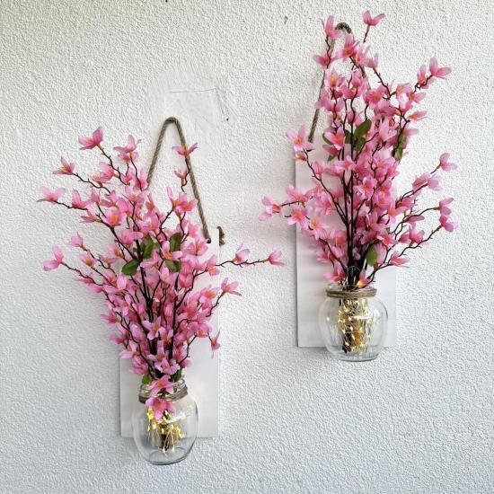Led Işıklı, Pembe Sakura Çiçek Duvar Dekoru Beyaz