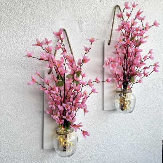 Led Işıklı, Pembe Sakura Çiçek Duvar Dekoru Beyaz