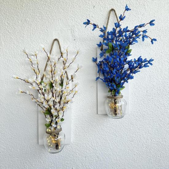 Led Işıklı, Mavi ve Beyaz Sakura Çiçek Duvar Dekor