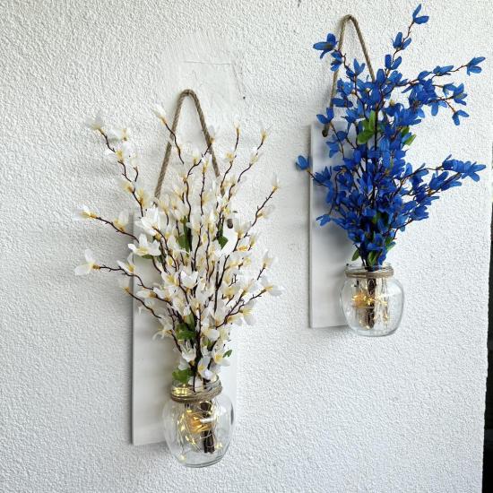 Led Işıklı, Mavi ve Beyaz Sakura Çiçek Duvar Dekor