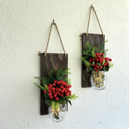 Led Işıklı, Kırmızı Kokina Çiçekli Duvar Dekoru