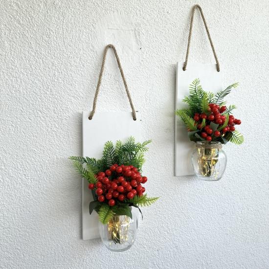 Led Işıklı, Kırmızı Kokina Çiçekli Duvar Dekoru