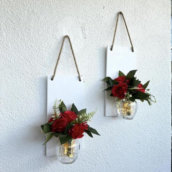 Led Işıklı, Kırmızı Gül Çiçekli Duvar Dekoru Beyaz