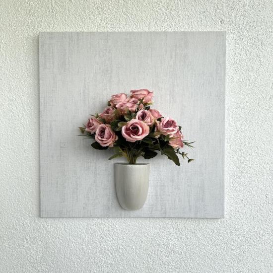 Kabartma Dokulu, Pembe Gül Çiçekli 3D Tablo