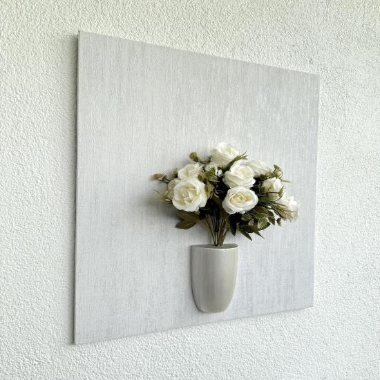 Kabartma Dokulu, Beyaz Gül Çiçekli 3D Tablo