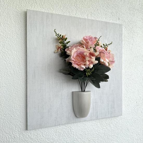 Kabartma Dokulu, Pudra Pembe Gül Çiçekli 3D Tablo