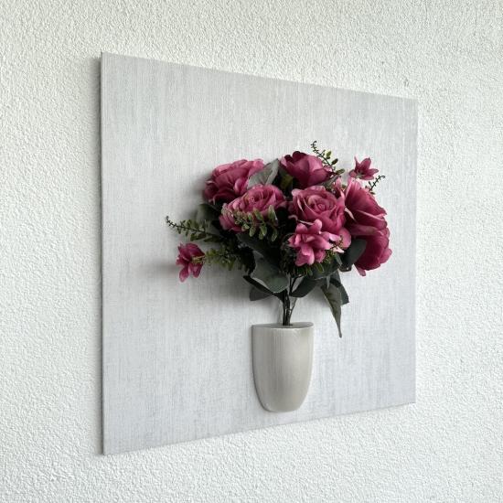Kabartma Dokulu, Fuşya Gül Çiçekli 3D Tablo