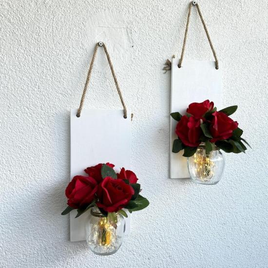 Led Işıklı, Kırmızı Gül Çiçekli Duvar Dekoru Beyaz