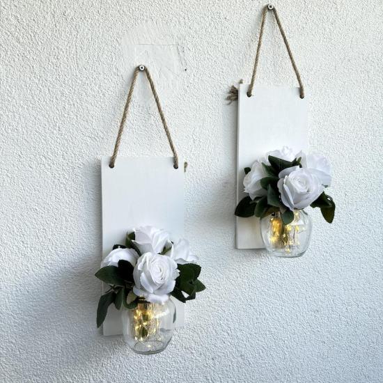 Led Işıklı, Beyaz Gül Çiçekli Duvar Dekoru Beyaz