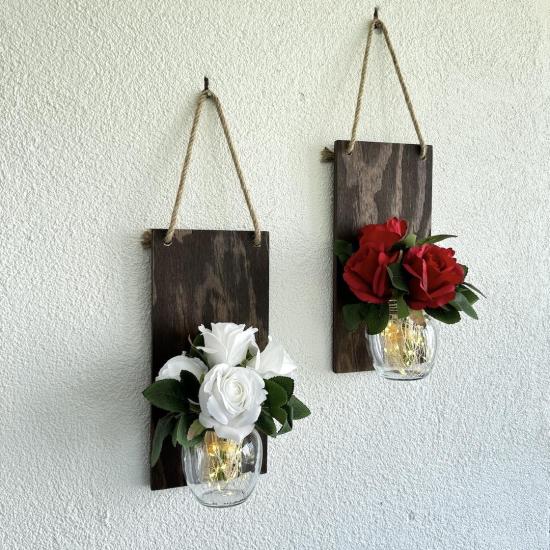 Led Işıklı, Kırmızı ve Beyaz Gül Çiçekli Dekor