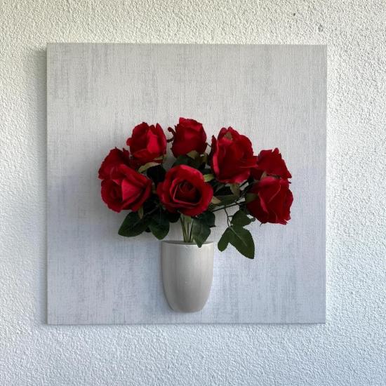 Kabartma Dokulu, Kırmızı Gül Çiçekli 3D Tablo