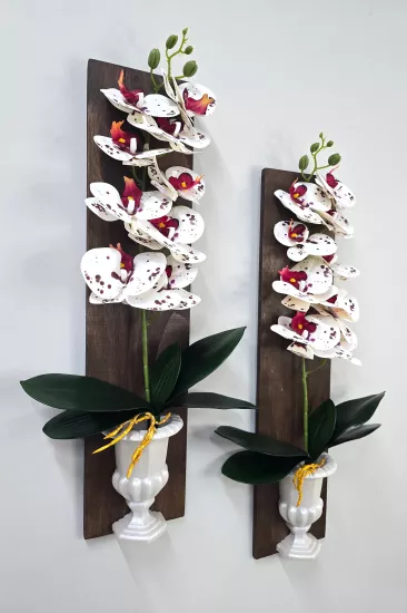 Islak Orkide Çiçekli Boy Duvar Dekoru Ceviz