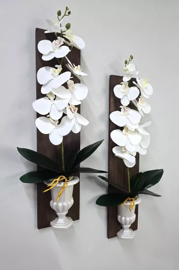 Beyaz Islak Orkide Çiçekli Boy Duvar Dekoru Ceviz