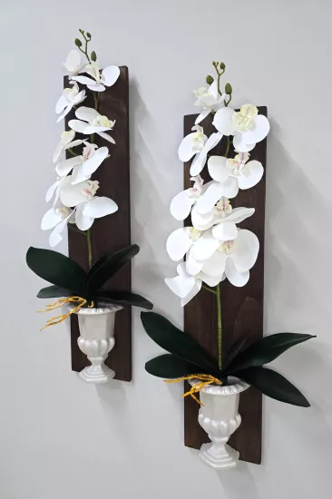Beyaz Islak Orkide Çiçekli Boy Duvar Dekoru Ceviz