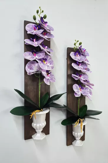 Mor Islak Orkide Çiçekli Boy Duvar Dekoru Ceviz
