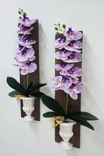 Mor Islak Orkide Çiçekli Boy Duvar Dekoru Ceviz