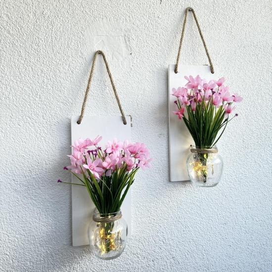 Led Işıklı Pembe Nergis Çiçekli Duvar Dekoru Beyaz