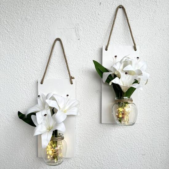 Led Işıklı, Beyaz Lilyum Çiçekli Duvar Dekoru